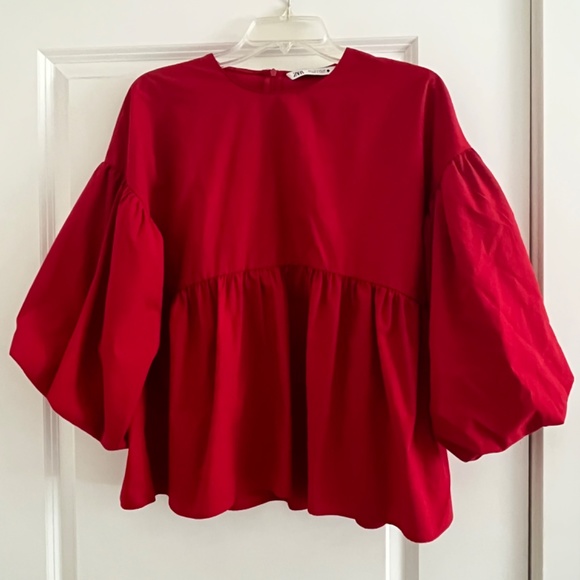Zara Red Ballon Sleeve Shirt - Picture 2 of 2